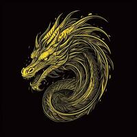 AI generated sketchy logo featuring an outline dragon in yellow on a black background. Generative AI photo