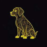 AI generated sketchy logo featuring an outline dog in yellow on a black background. Generative AI photo