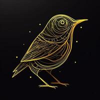 AI generated sketchy logo featuring an outline bird in yellow on a black background. Generative AI photo