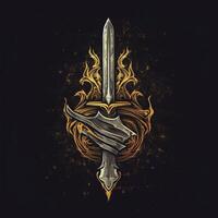 AI generated sketchy logo featuring a sword in gold on a black background. Generative AI photo