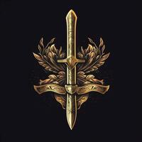 AI generated sketchy logo featuring a sword in gold on a black background. Generative AI photo