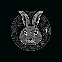 AI generated sketchy logo featuring a rabbit in white on a black background. Generative AI photo