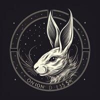 AI generated sketchy logo featuring a rabbit head in gray on a black background. Generative AI photo