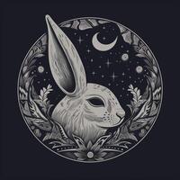 AI generated sketchy logo featuring a rabbit head in gray on a black background. Generative AI photo