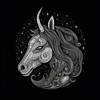 AI generated sketchy logo featuring a unicorn head in gray on a black background. Generative AI photo