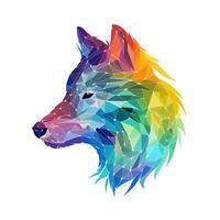 AI generated sketchy logo featuring a wolf head in rainbow on a white background. Generative AI photo