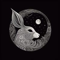 AI generated sketchy logo featuring a rabbit head in gray on a black background. Generative AI photo