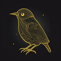 AI generated sketchy logo featuring an outline bird in yellow on a black background. Generative AI photo