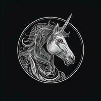 AI generated sketchy logo featuring a unicorn in white on a black background. Generative AI photo