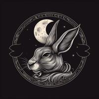 AI generated sketchy logo featuring a rabbit head in gray on a black background. Generative AI photo