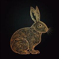 AI generated sketchy logo featuring a rabbit in gold on a black background. Generative AI photo