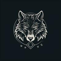 AI generated sketchy logo featuring a wolf head in white on a black background. Generative AI photo