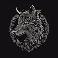 AI generated Sketchy logo featuring a wolf head in gray on a black background. Generative AI photo