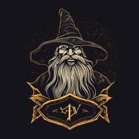 AI generated sketchy logo featuring a wizard in gold on a black background. Generative AI photo