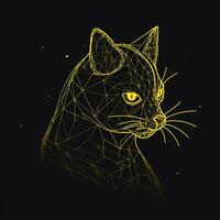 AI generated sketchy logo featuring an outline cat in yellow on a black background. Generative AI photo