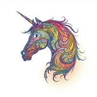 AI generated sketchy logo featuring a unicorn in rainbow on a white background. Generative AI photo