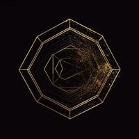 AI generated sketchy logo featuring a hexagon in gold on a black background. Generative AI photo