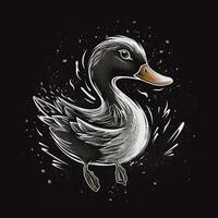 AI generated sketchy logo featuring a duck in white on a black background. Generative AI photo