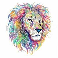 AI generated sketchy logo featuring a lion head in rainbow on a white background. Generative AI photo