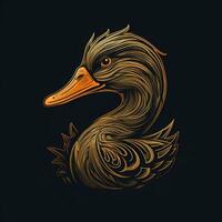 AI generated sketchy logo featuring a duck in gold on a black background. Generative AI photo