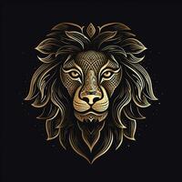 AI generated sketchy logo featuring a lion head in gold on a black background. Generative AI photo