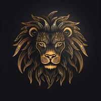 AI generated sketchy logo featuring a lion head in gold on a black background. Generative AI photo