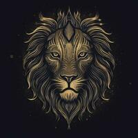 AI generated sketchy logo featuring a lion head in gold on a black background. Generative AI photo