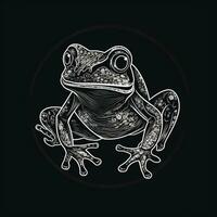 AI generated sketchy logo featuring a frog in white on a black background. Generative AI photo