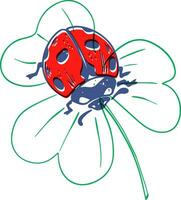 Vector risograph style ladybug crawling on trefoil leaf lineart isolated on white background