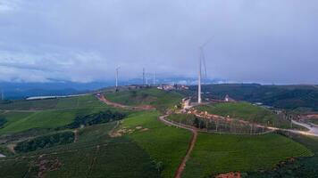 Beautiful landscape in the morning at Cau Dat, Da Lat city, Lam Dong province. Wind power on tea hill, morning scenery on the hillside of tea planted photo