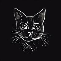 AI generated sketchy logo featuring a cat in white on a black background. Generative AI photo