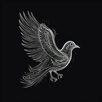 AI generated sketchy logo featuring a bird in white on a black background. Generative AI photo
