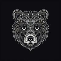 AI generated sketchy logo featuring a bear head in white on a black background. Generative AI photo