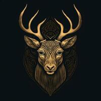 AI generated sketchy logo featuring a deer head in gold on a black background. Generative AI photo