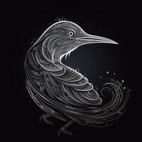 AI generated sketchy logo featuring a bird in white on a black background. Generative AI photo