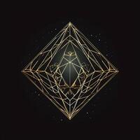 AI generated sketchy logo featuring a diamond in gold on a black background. Generative AI photo