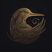 AI generated sketchy logo featuring a bird in gold on a black background. Generative AI photo