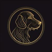 AI generated sketchy logo featuring a dog in gold on a black background. Generative AI photo