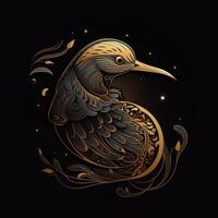 AI generated sketchy logo featuring a bird in gold on a black background. Generative AI photo