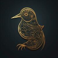 AI generated sketchy logo featuring a bird in gold on a black background. Generative AI photo