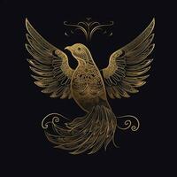 AI generated sketchy logo featuring a bird in gold on a black background. Generative AI photo