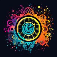 AI generated psychedelic art logo of a clock. Generative AI photo