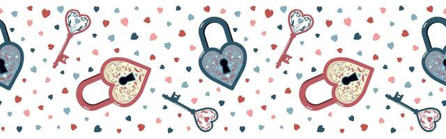 Valentines day locks and heart shape lock vector seamless border. Romantic background. Isolated on white background