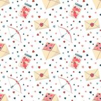 Love letters, bow and jar with hearts seamless pattern. Design element for wallpaper or wrapping. Cartoon Valentines Day vector illustration. Isolated on white background