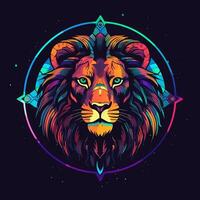 AI generated psychedelic art logo of a lion head. Generative AI photo