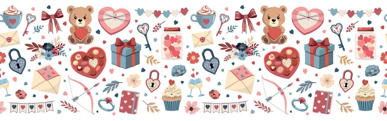 Valentines Day vector seamless border. Romantic love elements. Valentine's day cute illustrations. Decorative love elements for festive design. Isolated on white background