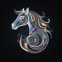 ai generado estratificación logo presentando unicornio en blanco neón en un negro antecedentes. generativo ai foto