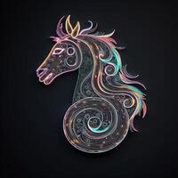 ai generado estratificación logo presentando unicornio en blanco neón en un negro antecedentes. generativo ai foto