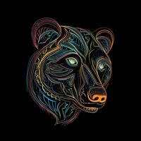 AI generated layering logo featuring bear head in white neon on a black background. Generative AI photo