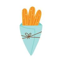 Churros in a paper bag. Mexican snack. Hand drawn flat vector illustration. Churros in a cone.